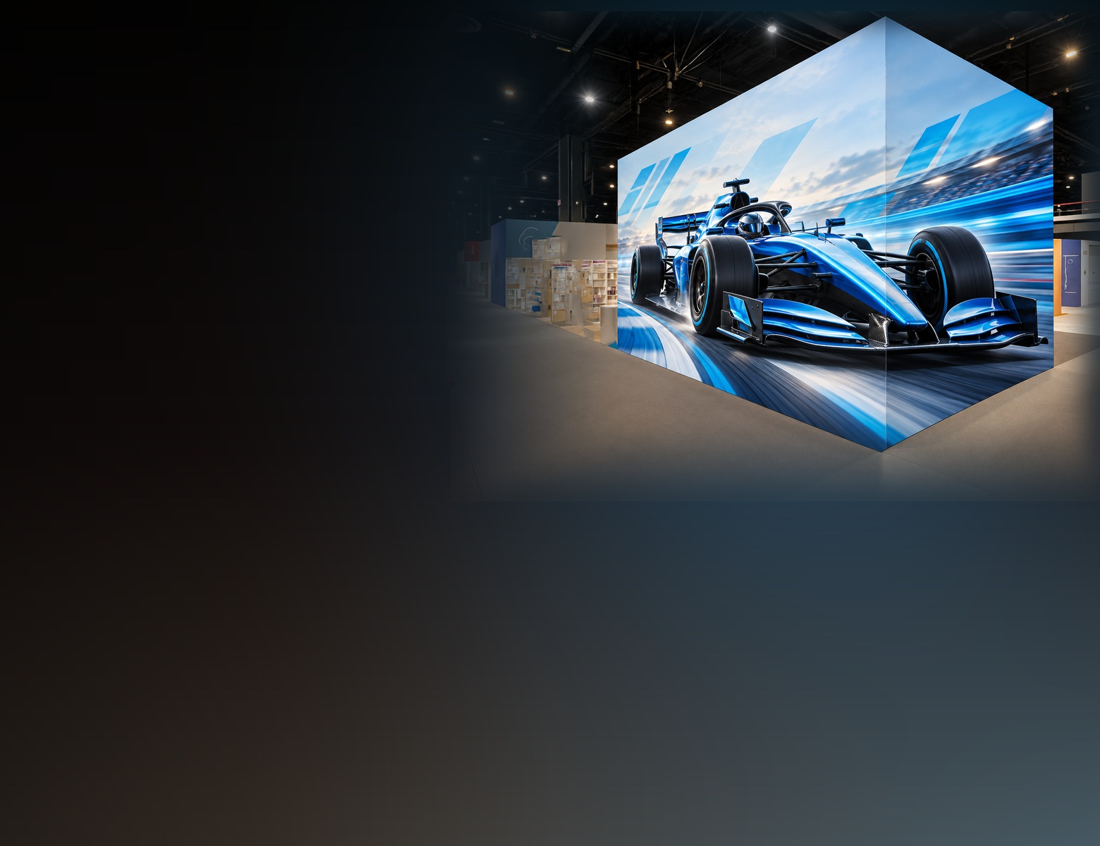 Mach 5 SEG graphics exhibit booth with blue race car fabric graphic